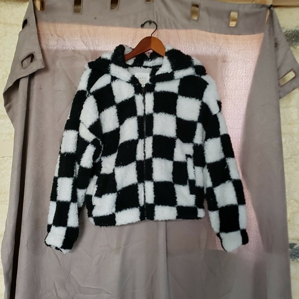 APRIL KISS Hoodie Womens Small Black White Check Fleece Full Zip Pockets